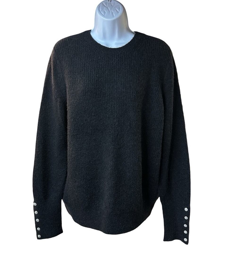 Boden Charcoal Gray Sweater L Wool Alpaca Rhinestone Jeweled Cuff Buttons